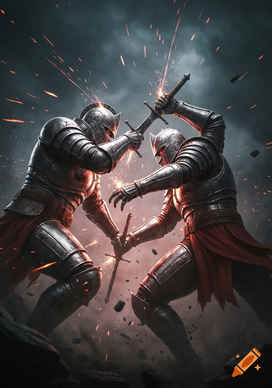 Two armored knights with glowing red eyes clash swords, sending sparks flying in a dramatic, dark battle scene.