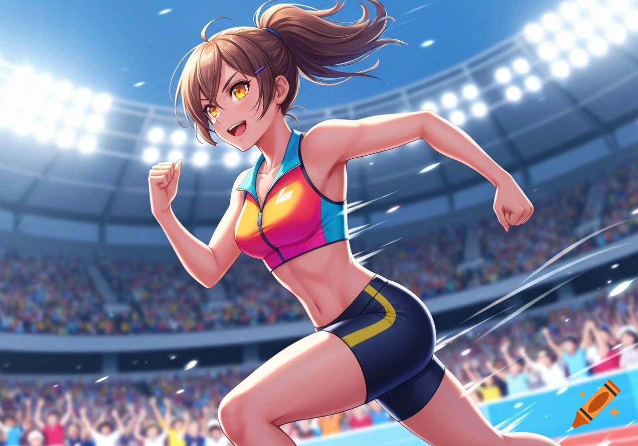 Anime style depiction of a female athlete with brown hair tied in a ponytail, running in a stadium with a cheering crowd.