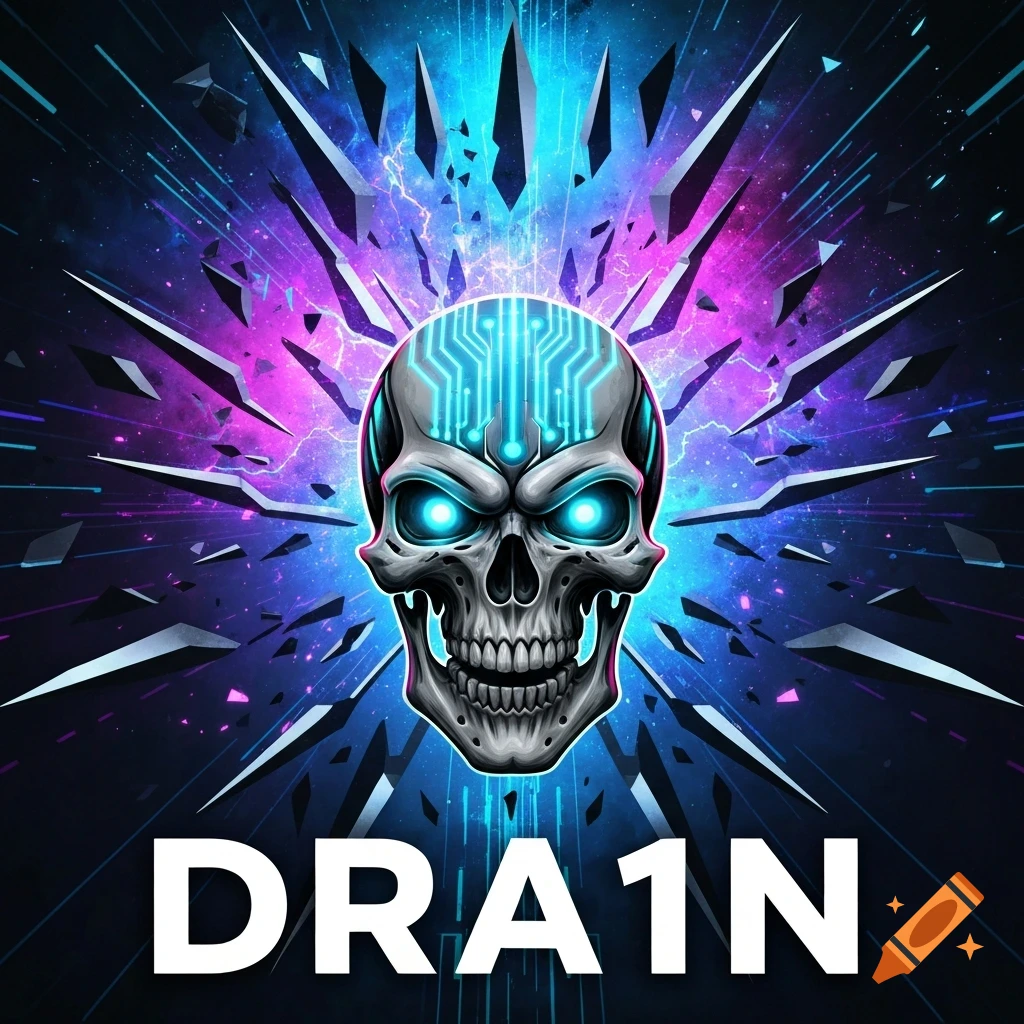 Stylized skull with glowing blue circuits and eyes against a vibrant cosmic background with sharp shards. Text 'DRA1N'.