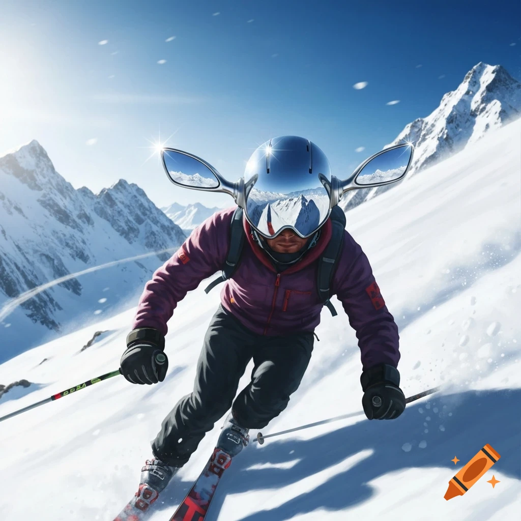 A photorealistic image of a skier in a purple jacket and black pants, wearing a helmet with rearview mirrors, skiing down a snowy mountain under a bright sun.