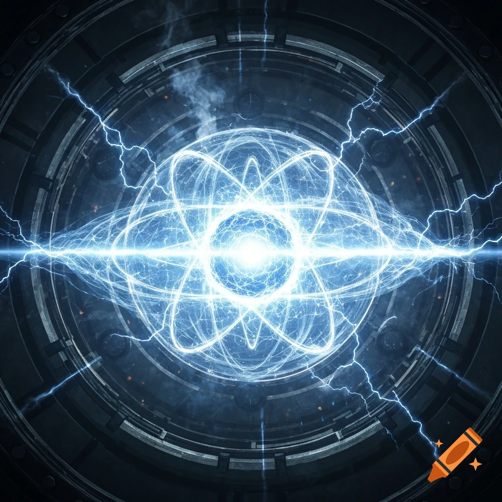 A glowing blue abstract atomic or energy core with radiating electrical discharges, set against a dark, mechanical, circular structure.