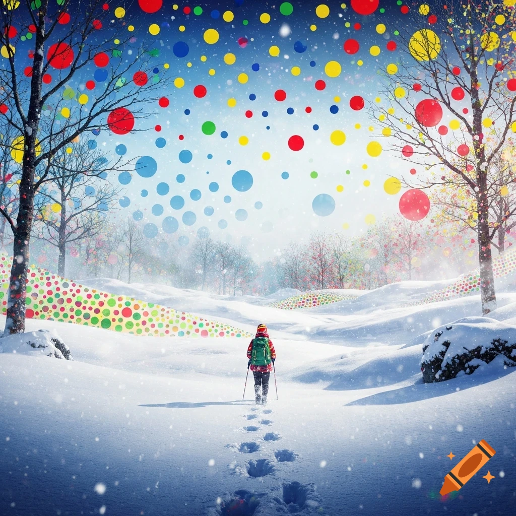 A hiker walks through a surreal, snowy winter landscape adorned with colorful polka dots on the trees, snow, and sky.