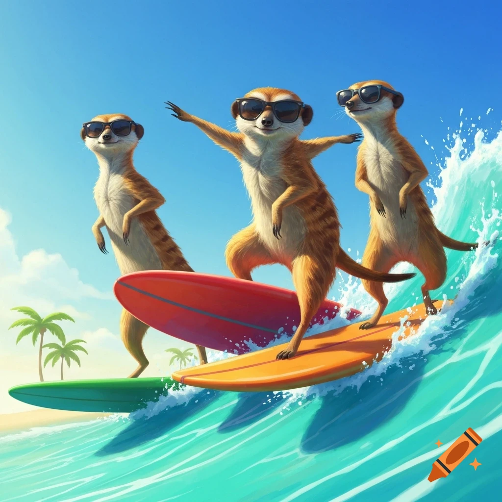 Three cartoon meerkats in sunglasses surf on colorful boards on a bright blue wave with palm trees in the background.
