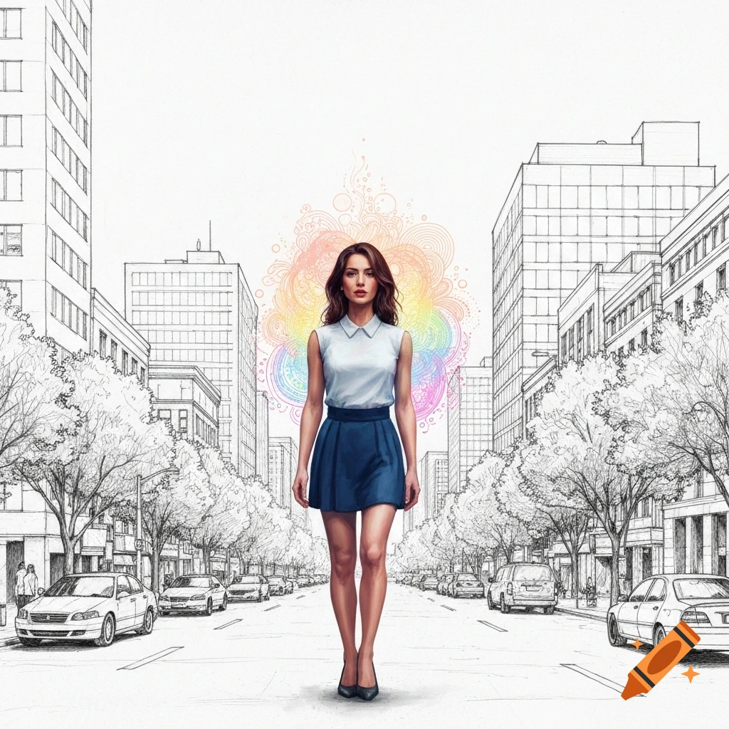 Woman in a blue skirt and white top walks in a city street, detailed in black-and-white sketch, with her in vibrant watercolor and a rainbow aura.