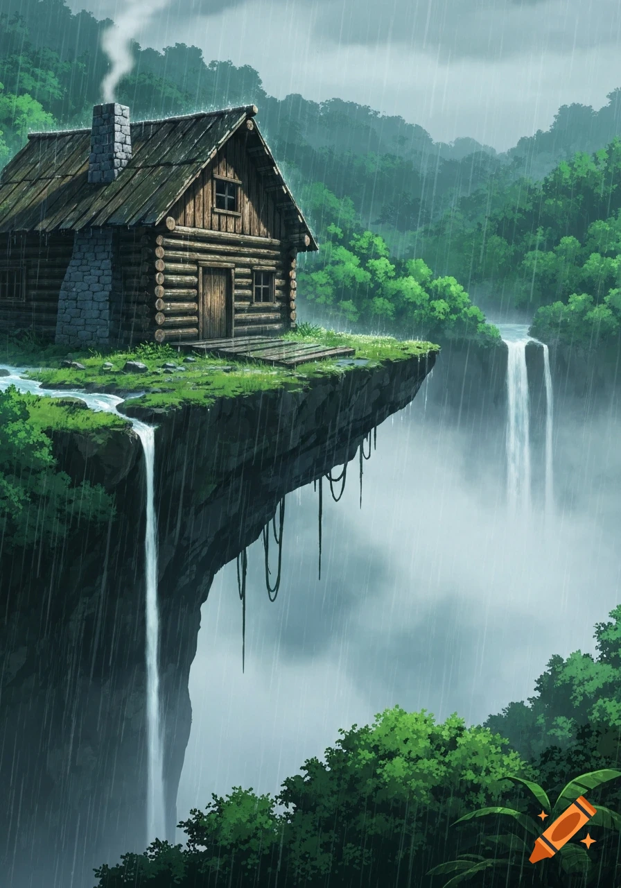 Anime style drawing of an old log house on a rainy jungle cliff with waterfalls cascading down.