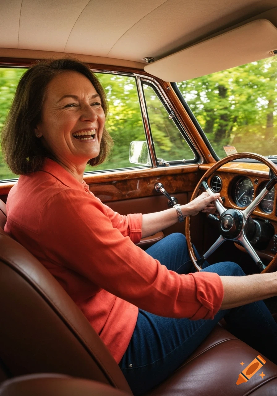 A laughing woman in an orange shirt drives a classic car with a wood-paneled interior, looking out the window.