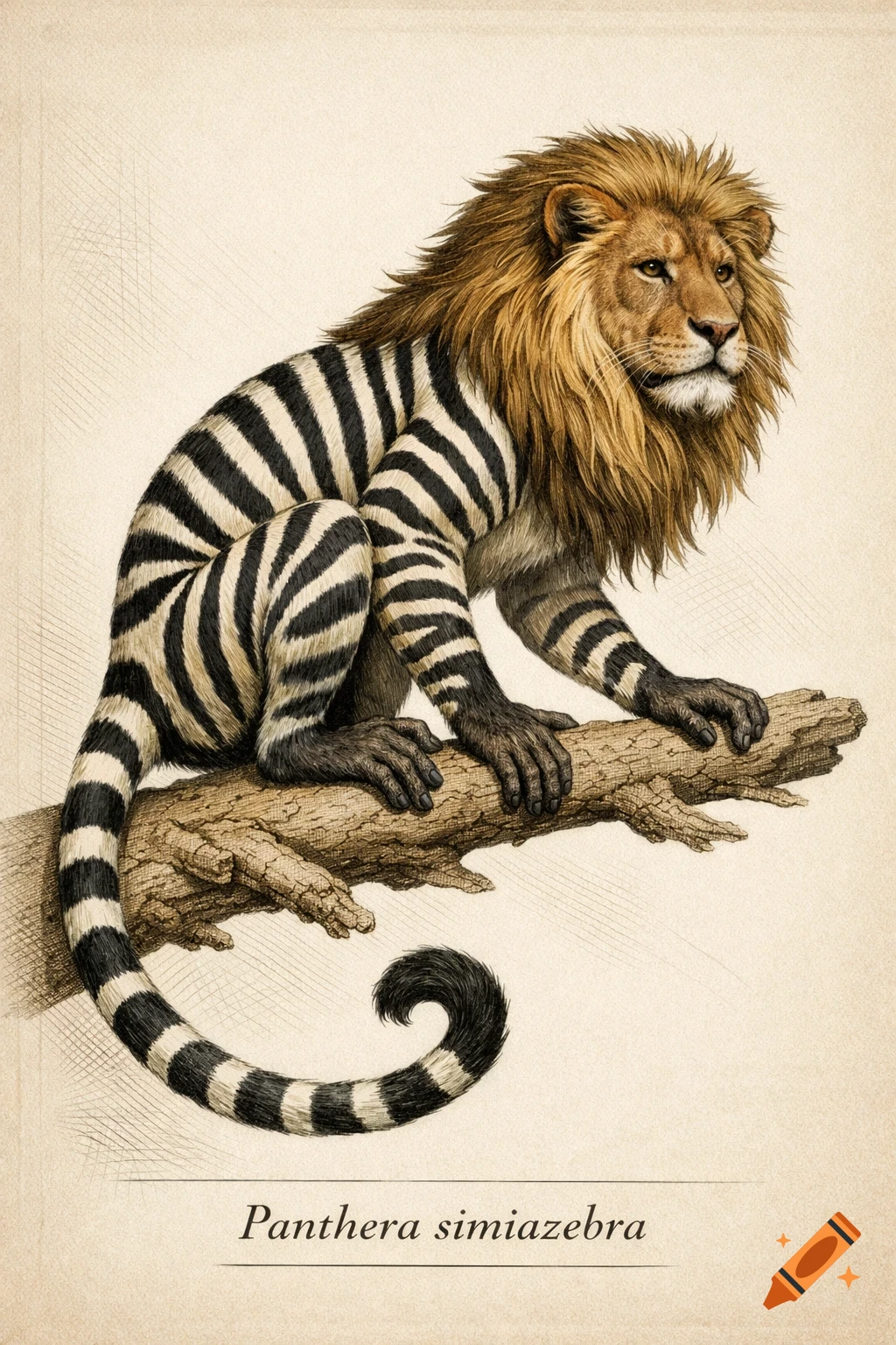 A scientific illustration of a lion-headed, zebra-striped creature with a monkey body and tail, sitting on a tree branch.
