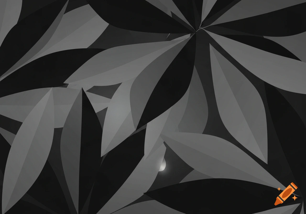 Abstract pattern of overlapping leaves in shades of black, white, and gray with a small white orb.