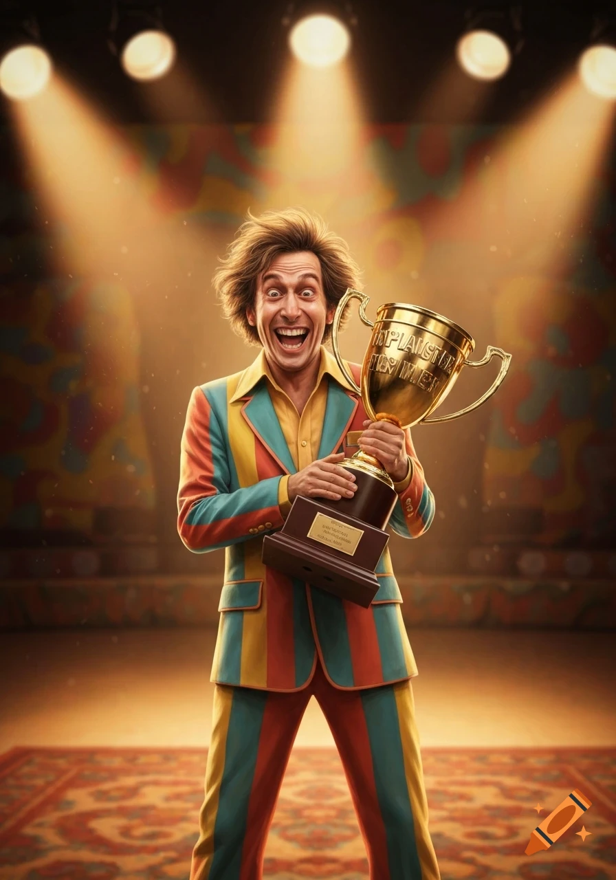 A goofy man in a colorful striped suit stands on a stage, proudly holding a golden trophy under spotlights.
