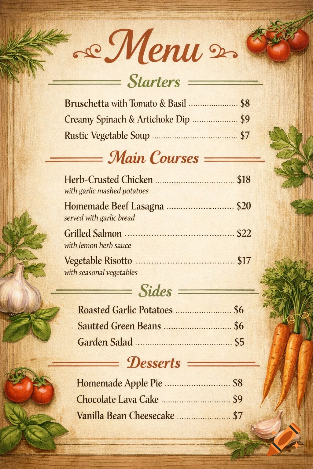 A rustic wooden menu featuring various dishes like bruschetta, chicken, salmon, and desserts, surrounded by fresh herbs, garlic, tomatoes, and carrots.