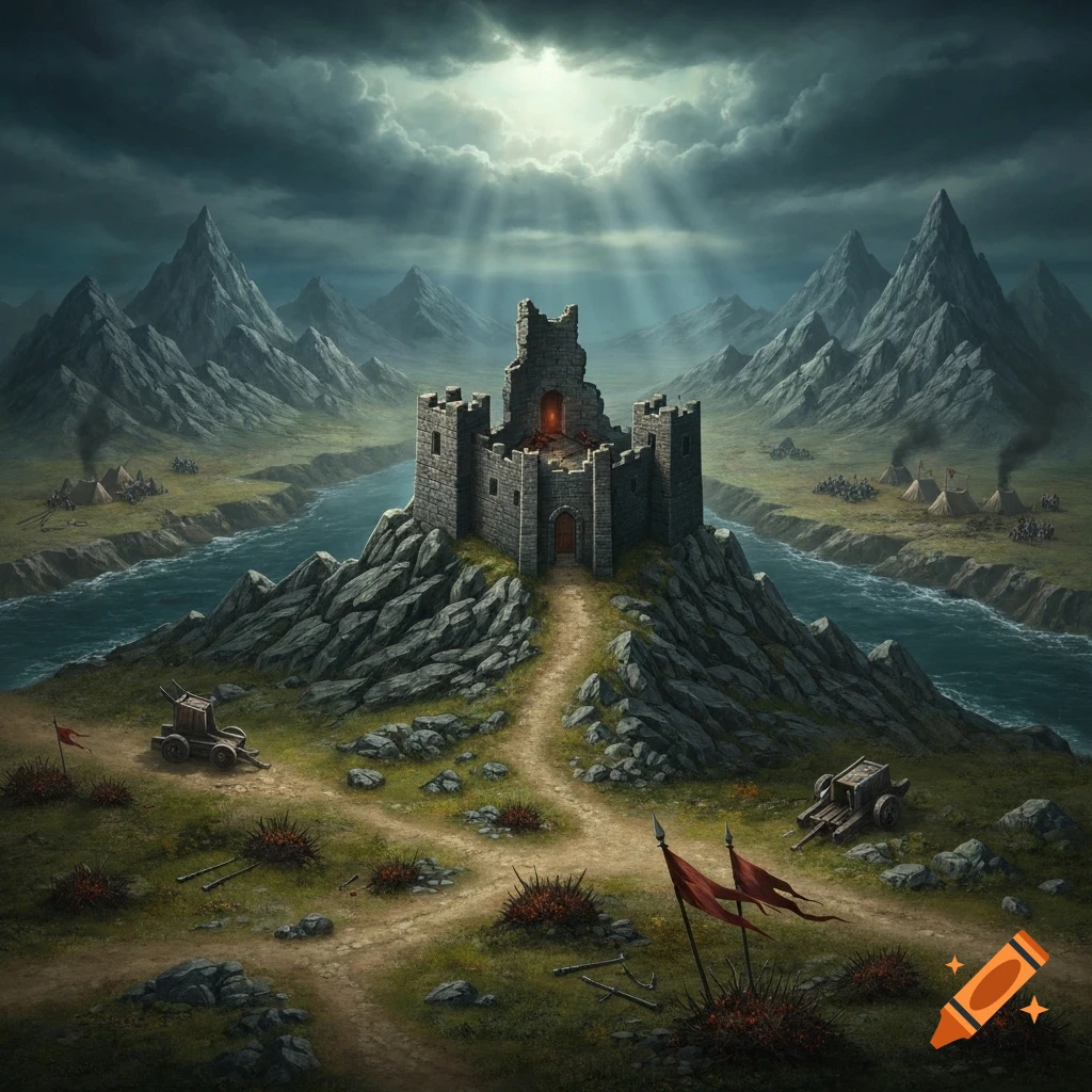 A medieval stone castle on a rocky hill, surrounded by a river, distant mountains, and encampments under a dramatic sky with sun rays.