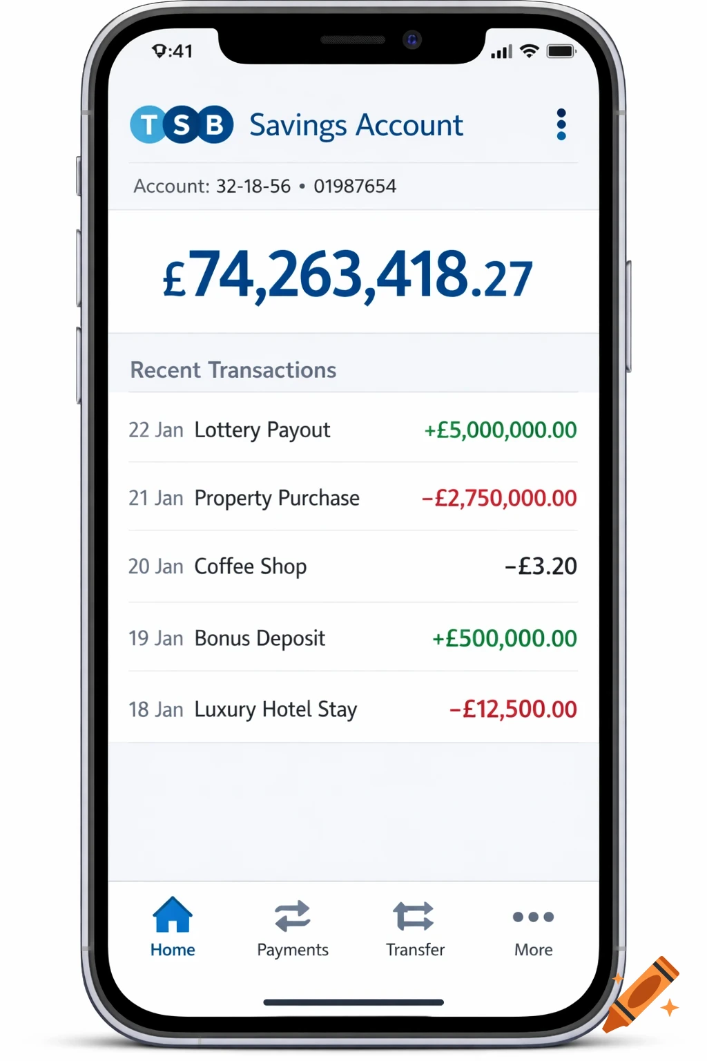 A photorealistic mockup of a TSB mobile banking app screen on an iPhone, showing a savings account balance of M 74,263,418.27 and recent transactions.