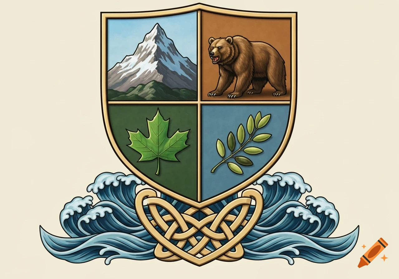 An illustrative coat of arms featuring a snowy mountain, a brown bear, a green maple leaf, an olive branch, golden knotwork, and blue waves.