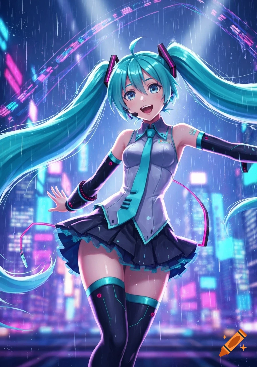 Anime art of Hatsune Miku smiling in a rainy, neon-lit cyberpunk city, wearing her signature teal and grey outfit.