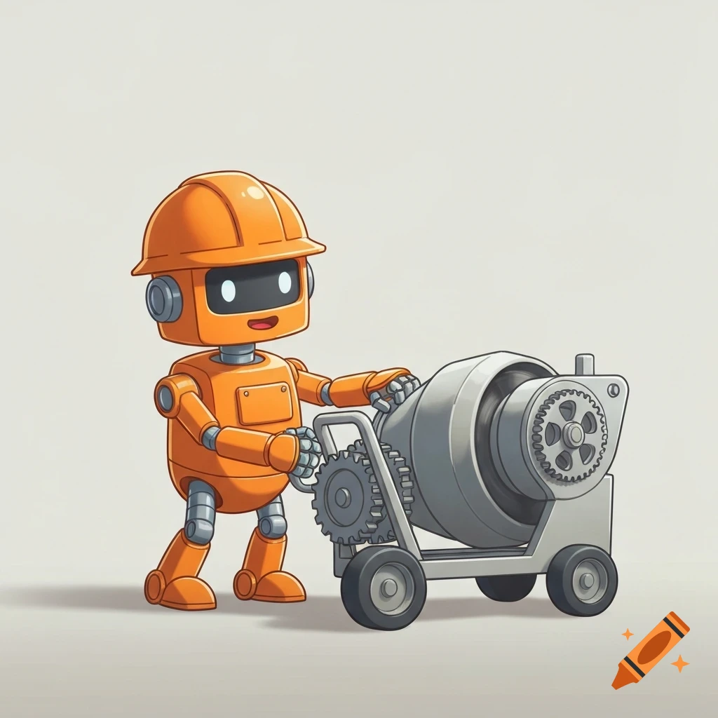 A small orange cartoon robot wearing a hard hat operates a cement mixer against a neutral background.
