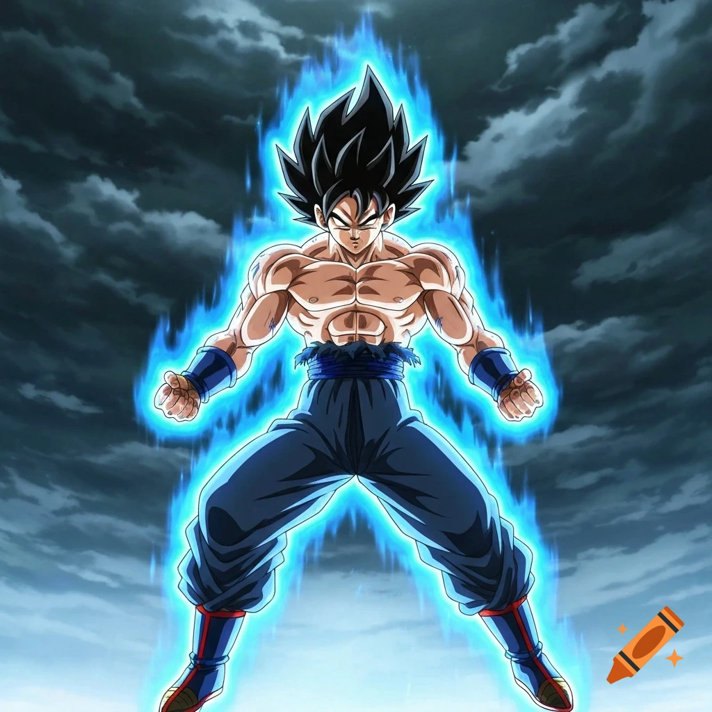 A powerful, shirtless anime warrior with spiky black hair in a dynamic pose, surrounded by a vibrant blue aura, against a stormy sky.