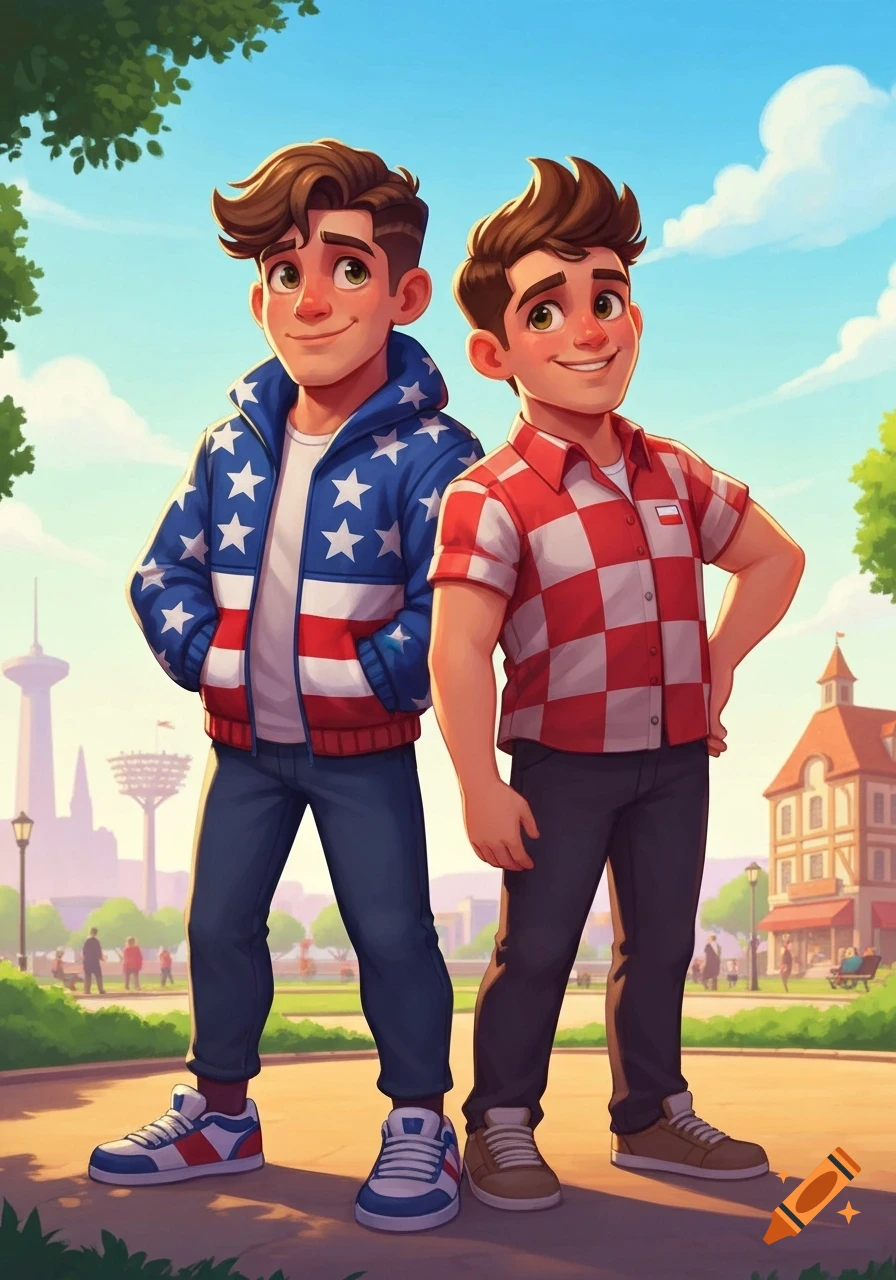 Two cartoon men, one in an American flag jacket and the other in a red and white shirt with a Polish flag, stand in a park.