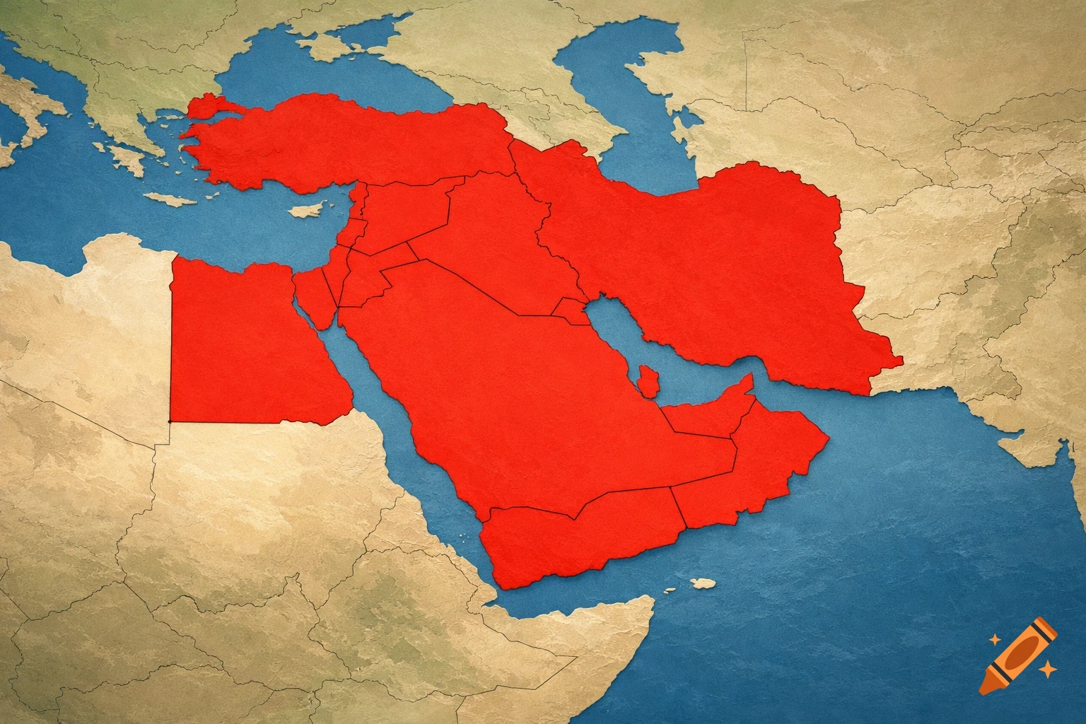 A political map highlighting countries in the Middle East, including Turkey and Egypt, in red against a textured beige landmass and blue water.