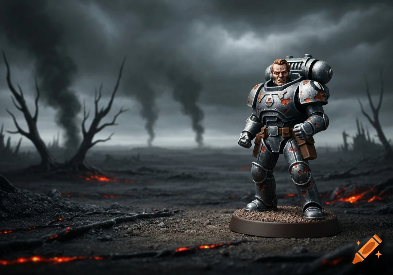 A detailed miniature of a weathered sci-fi soldier in silver power armor standing on a base in a desolate, smoky, volcanic landscape.