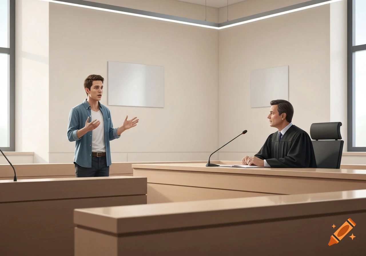 A young man speaks and gestures in a modern courtroom to a judge listening attentively.