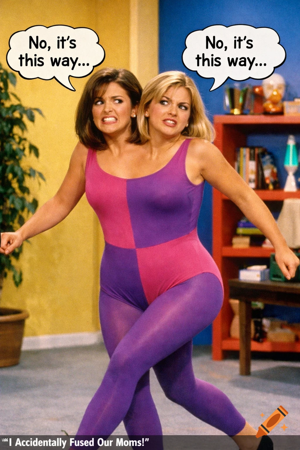 A two-headed woman in a pink and purple leotard, pulling in opposite directions and saying "No, it's this way..." in a comedic 1990s TV show style.