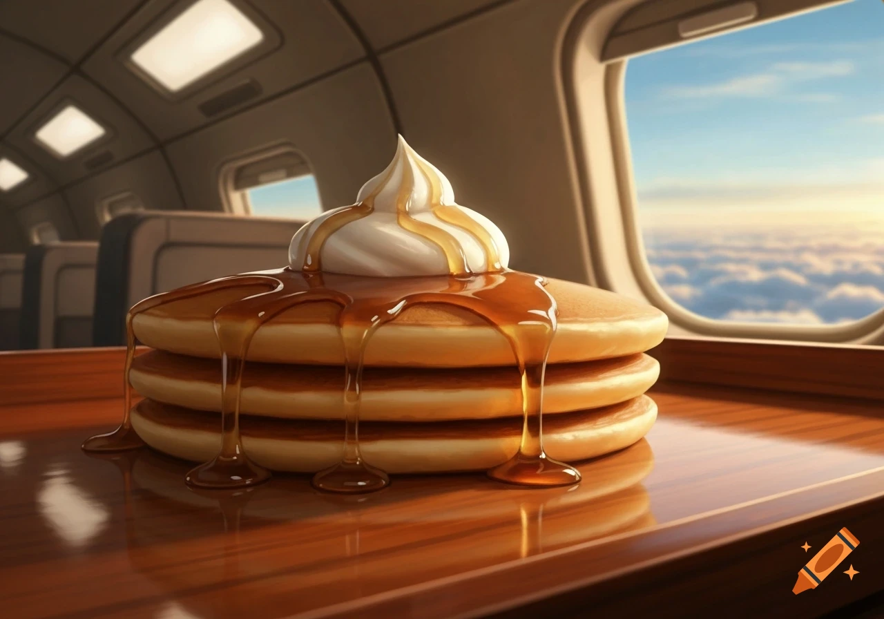A stack of pancakes with syrup and whipped cream on a wooden tray inside an airplane, with clouds visible through the window.