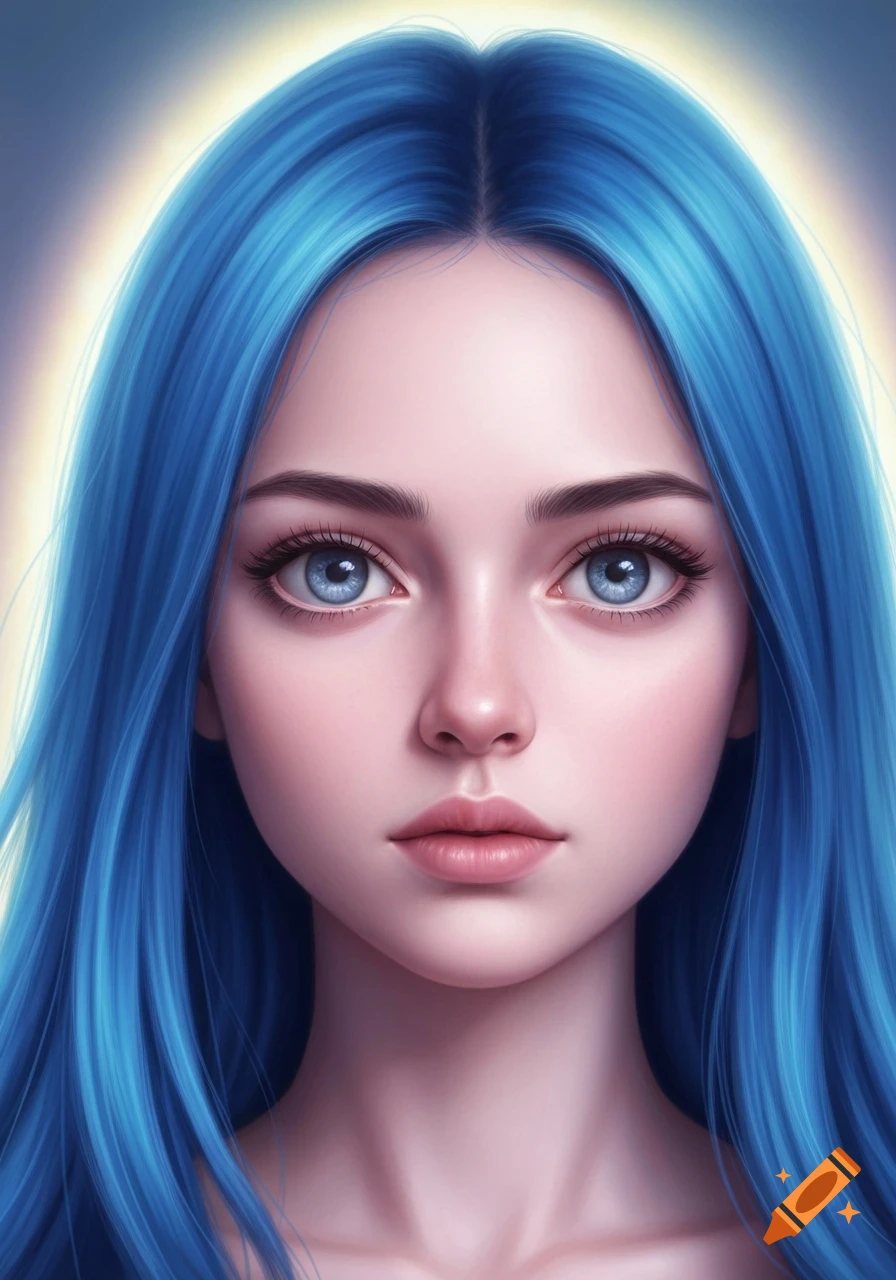 A stylized digital art portrait of a woman with long blue hair, blue eyes, and pale skin, illuminated by a soft golden glow.