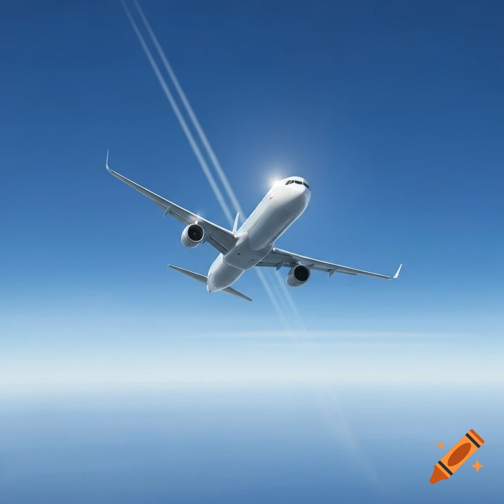 A white passenger airplane flies high in a clear blue sky, leaving two long contrails behind it. The sun glints off its nose.