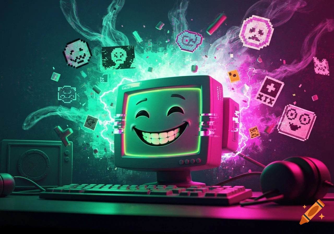 A cartoonish green CRT monitor with a big smiling face glows brightly, surrounded by glitch art effects and floating pixelated emojis and symbols against a dark background with pink and green neon lights.