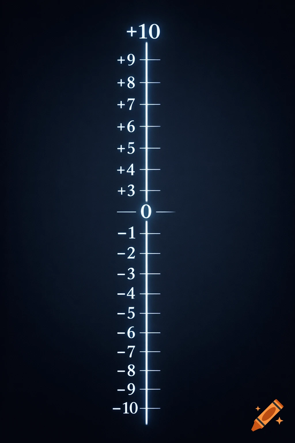 A vertical glowing number line with numbers from +10 (largest font) to -10 (smallest font) on a dark background.