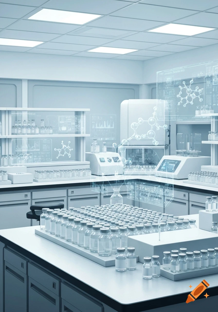 A sterile, high-tech pharmaceutical laboratory with numerous vials, lab equipment, and holographic displays showing molecular structures and data.