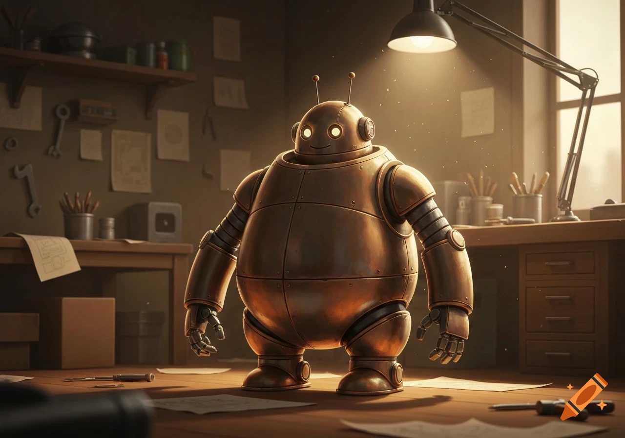 A fat, friendly, bronze robot stands in a cluttered workshop under a bright lamp, with tools and papers scattered around.