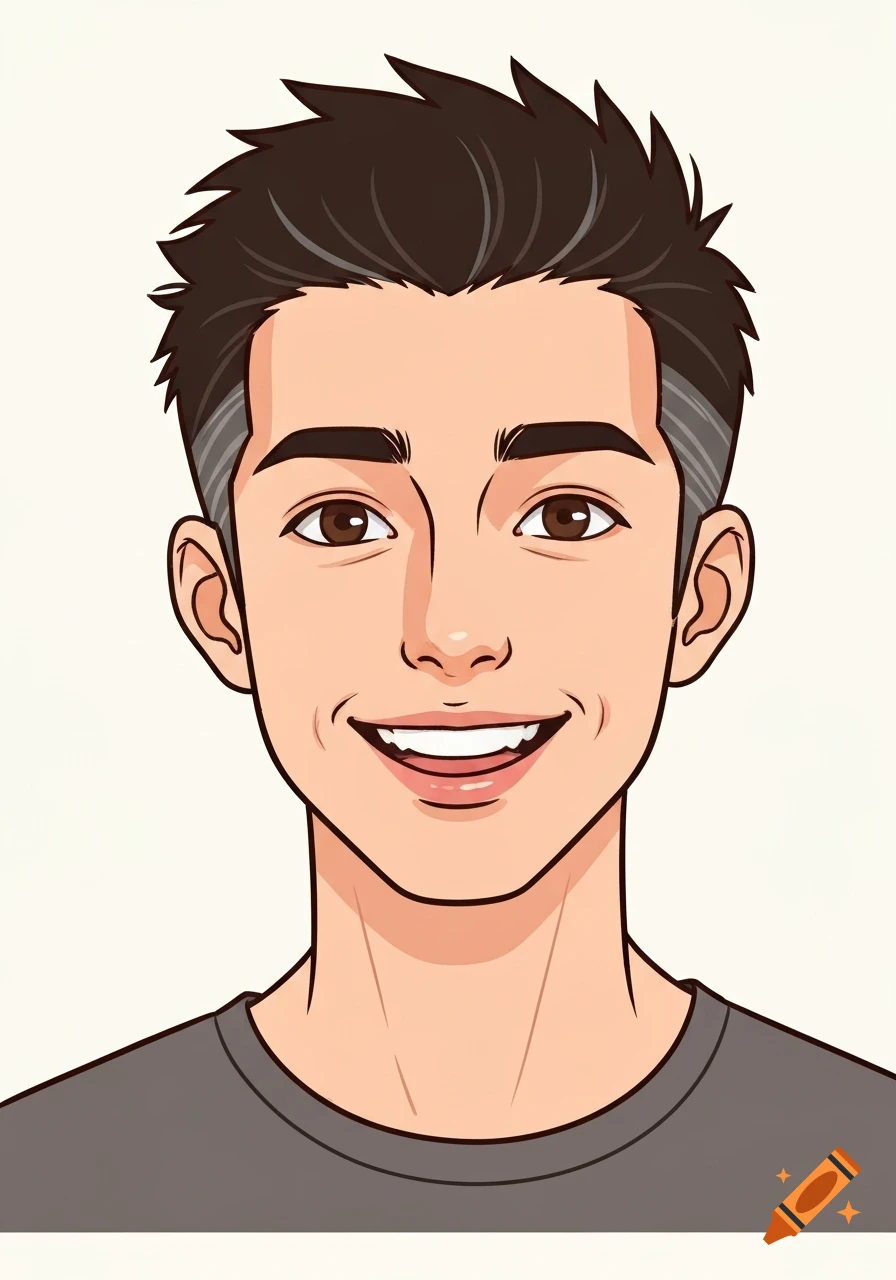 Doodle art style cartoon portrait of a friendly man with spiky dark hair, grey sideburns, brown eyes, and a cheerful smile, wearing a grey t-shirt.