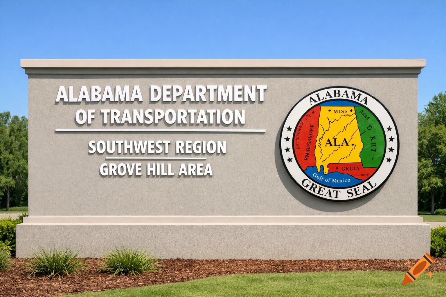 A photorealistic image of a gray monument sign for the Alabama Department of Transportation, Southwest Region, Grove Hill Area. It features the Alabama Great Seal emblem on the right.