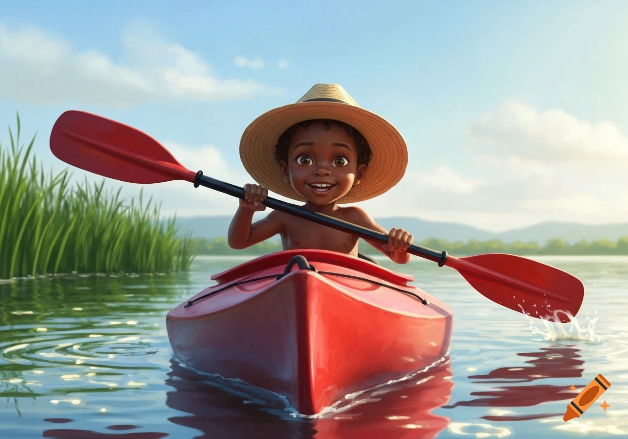 A cheerful Black child in a straw hat paddles a red kayak on a calm lake with tall green grass and mountains under a blue sky.