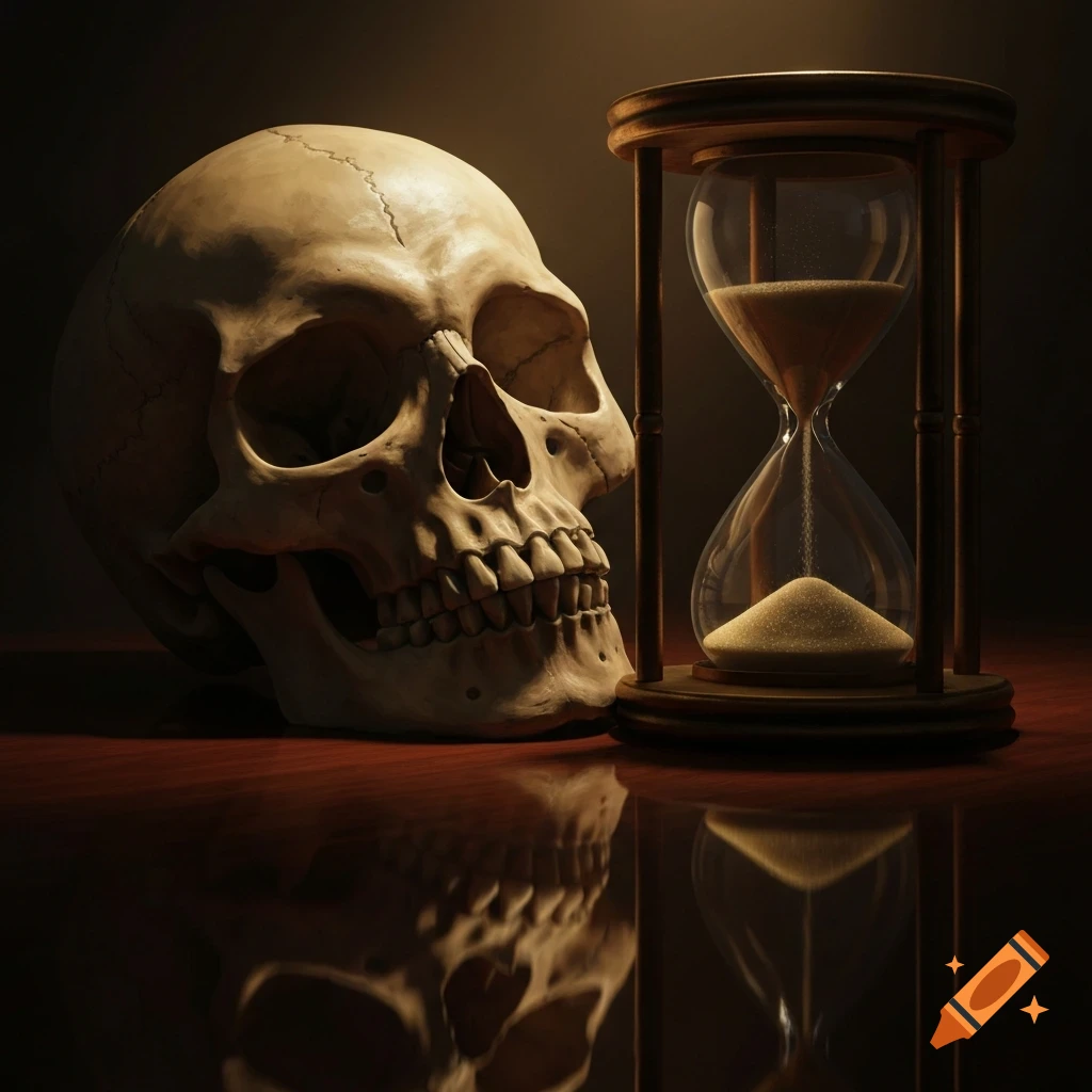 A realistic still life features a human skull beside a working hourglass on a reflective wooden surface with dramatic lighting.
