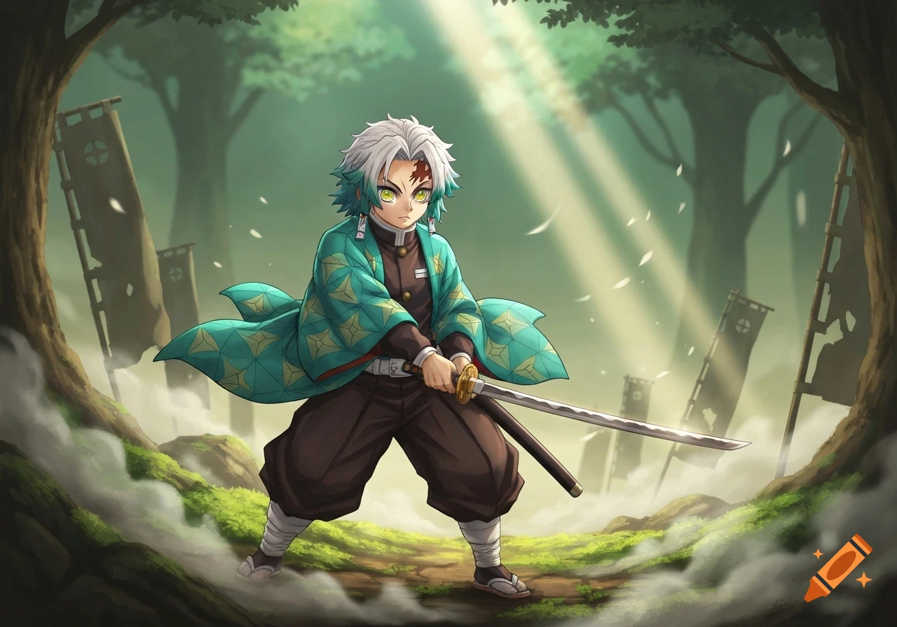 Anime character resembling Tokito Muichiro in a teal haori, holding a katana in a misty, sunlit forest.