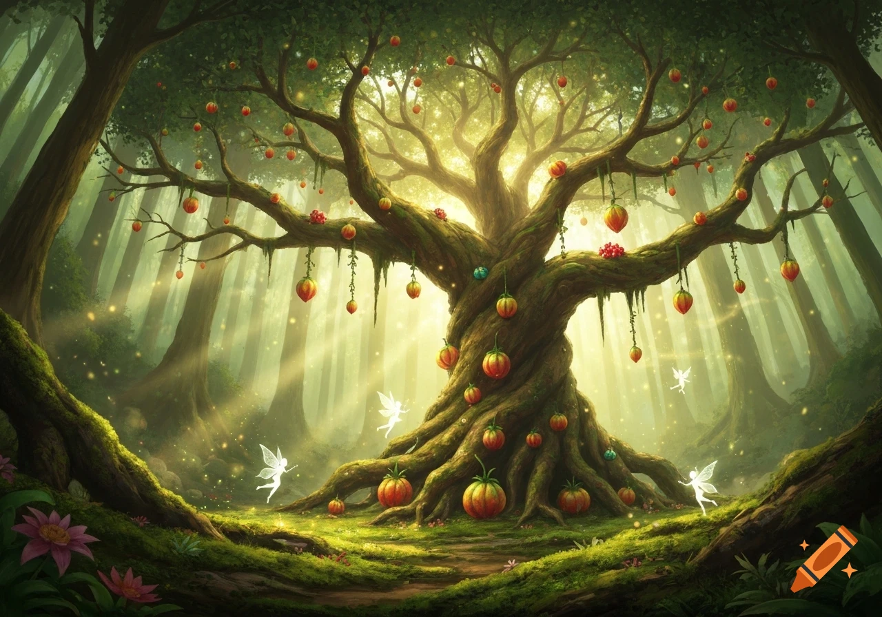 A huge, ancient tree laden with fantasy fruits stands in a magical forest clearing, illuminated by sunbeams, with tiny fairies flying around.