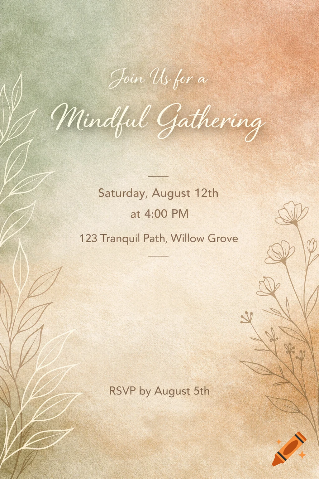 Watercolor invitation for a 'Mindful Gathering' with event details and botanical line art on a green and orange gradient background.