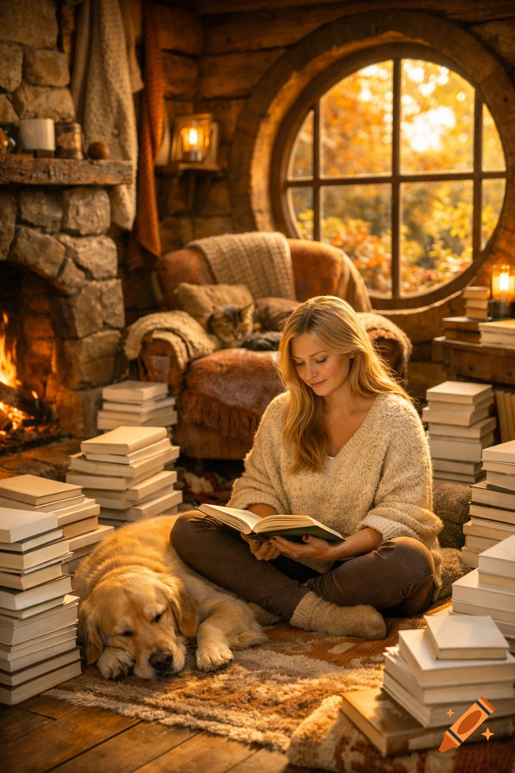 Photorealistic image of a woman reading in a cozy, autumn-themed room with a fireplace, round window, books, a sleeping Golden Retriever, and a cat.