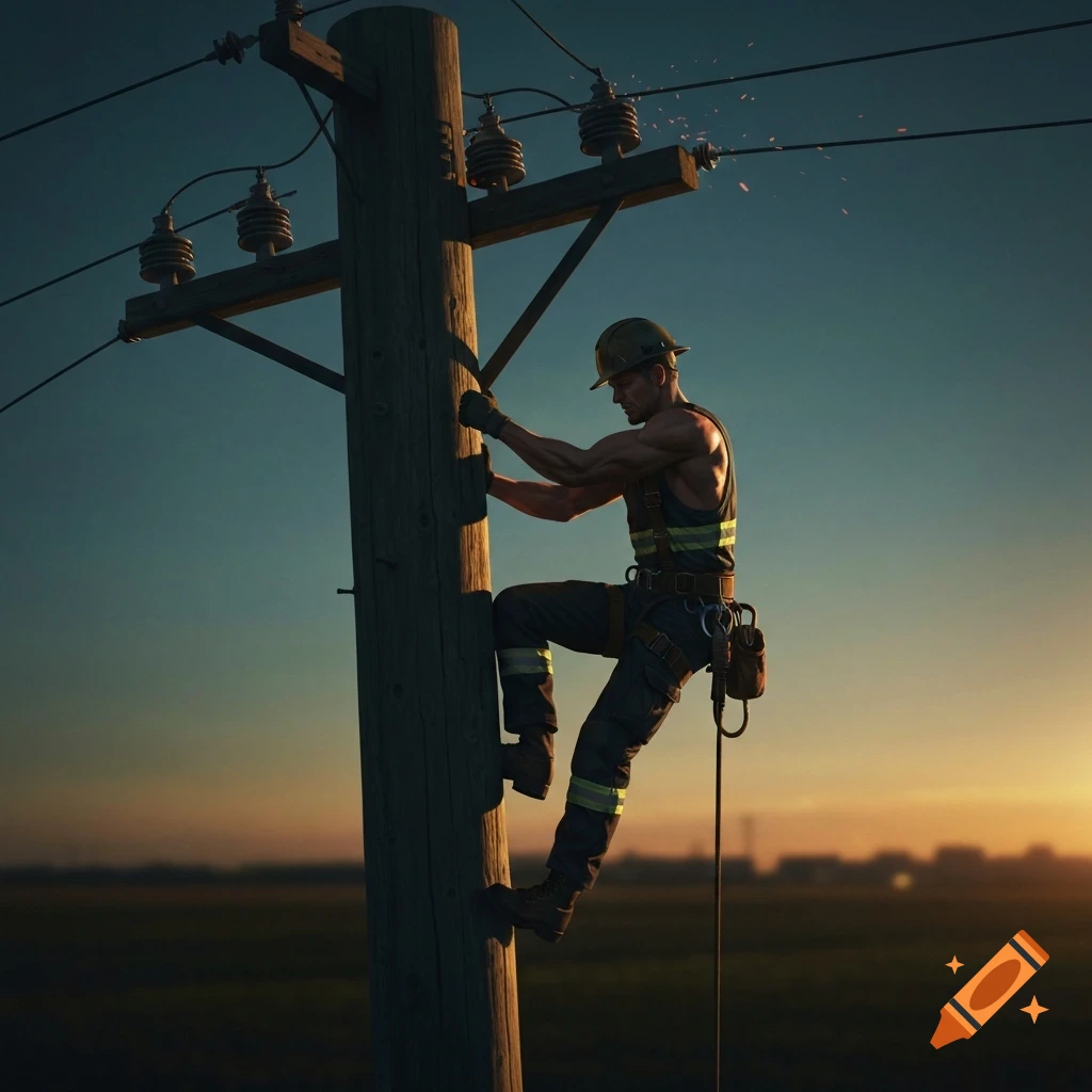 A photorealistic image of a muscular lineman climbing a wooden utility pole against a sunset sky.