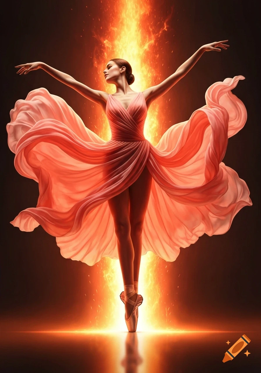 Hyper-realistic ballerina en pointe with outstretched arms, in a flowing coral dress, illuminated by a fiery glow.