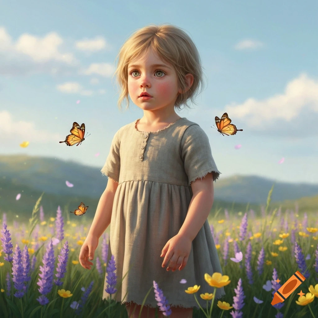 A young blonde girl with large green eyes stands in a vibrant field of purple and yellow flowers, looking up as butterflies flutter around her under a blue sky, in a photorealistic style.