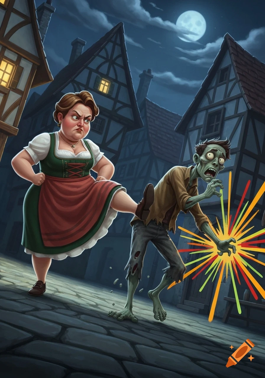 A stern cartoon woman in traditional attire kicks a screaming zombie in a cobblestone village at night under a full moon.