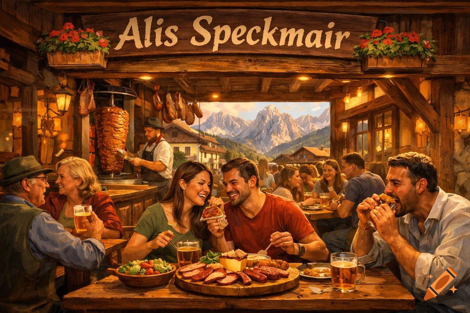 A lively, painterly scene of people dining in 'Alis Speckmair' restaurant, with a döner kebab and mountains in the background.
