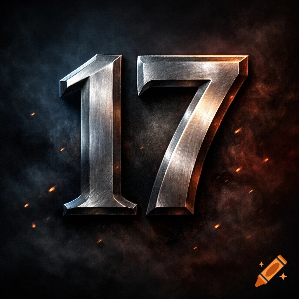 The number 17 rendered in a metallic, scratched texture, set against a dark, smoky background with orange sparks.