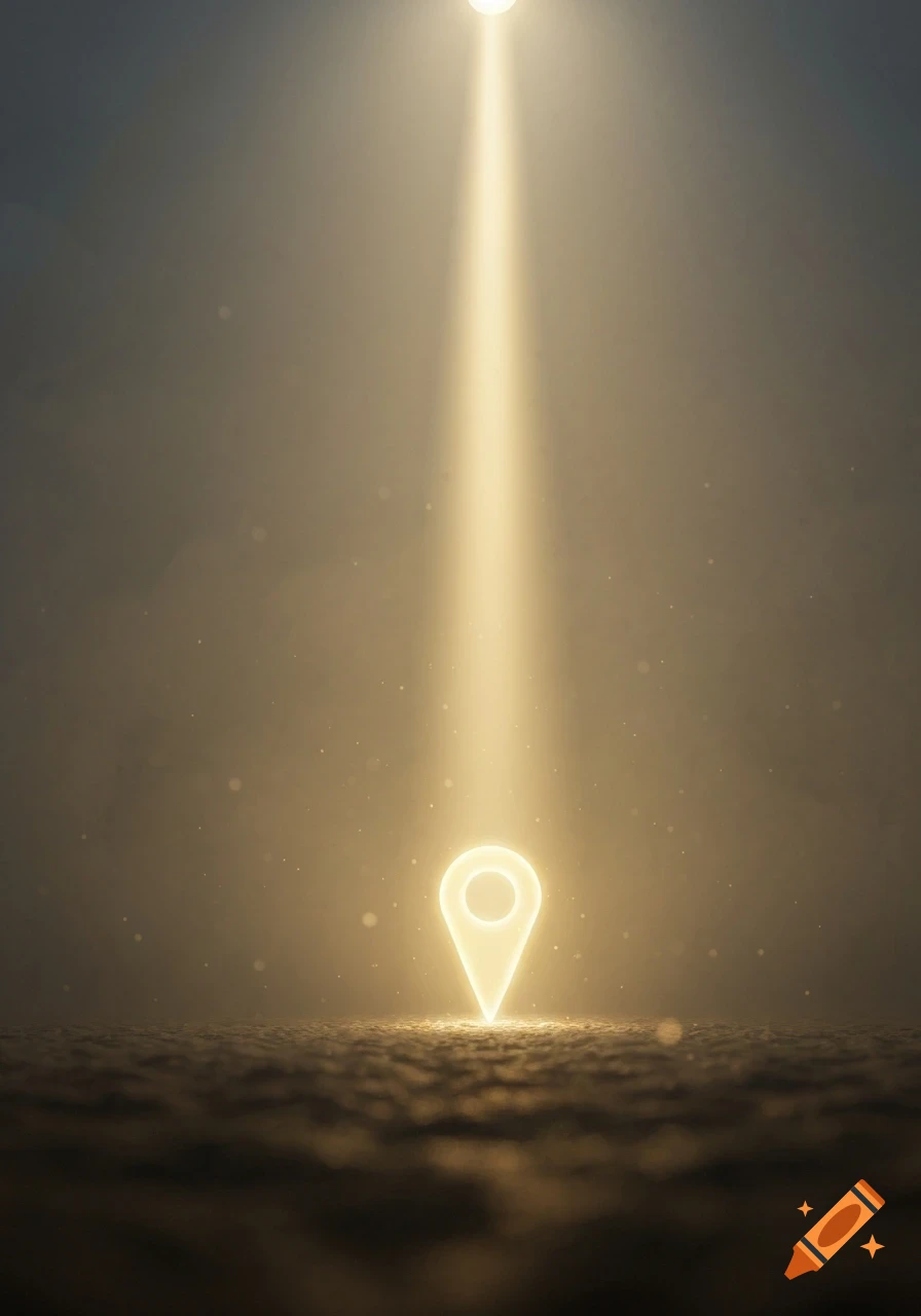 A glowing, neon-like location pin stands on textured ground, illuminated by a powerful beam of light from above in a dark, atmospheric setting.