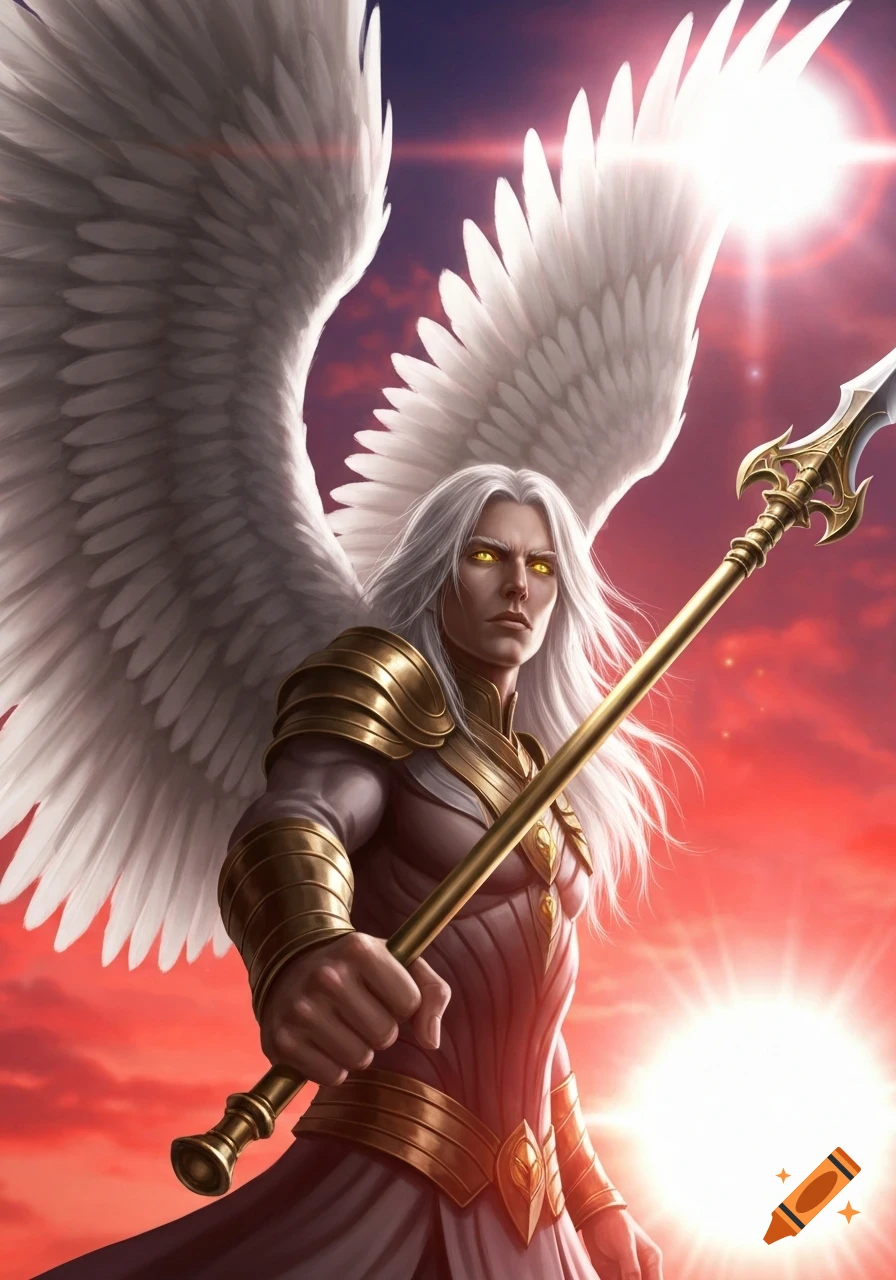 An angelic man with long white hair, yellow eyes, golden armor, and large white wings holds a golden spear against a red-purple sky with bright suns.