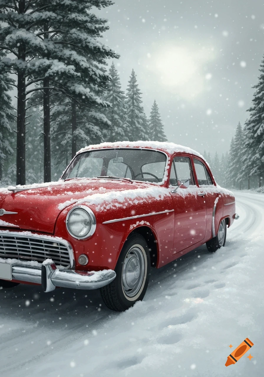 A red vintage car covered in snow, parked on a snowy road surrounded by snow-covered pine trees under a bright, cloudy sky with falling snow.