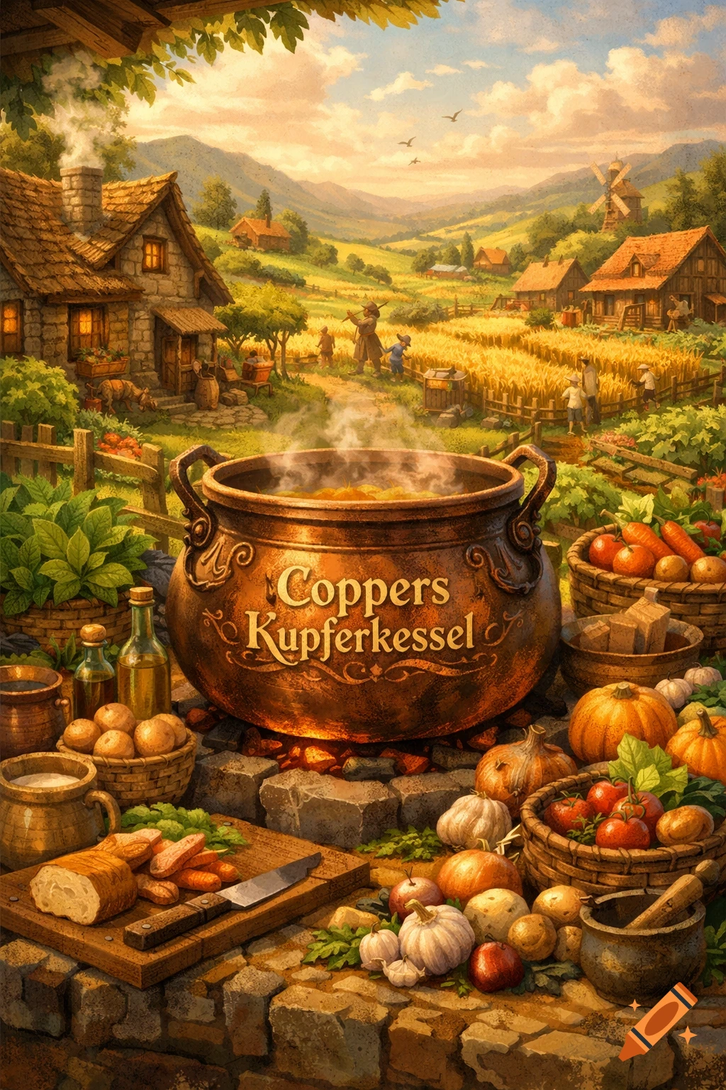 A large steaming copper pot with 'Coppers Kupferkessel' in a vibrant fantasy farm village with fresh vegetables.